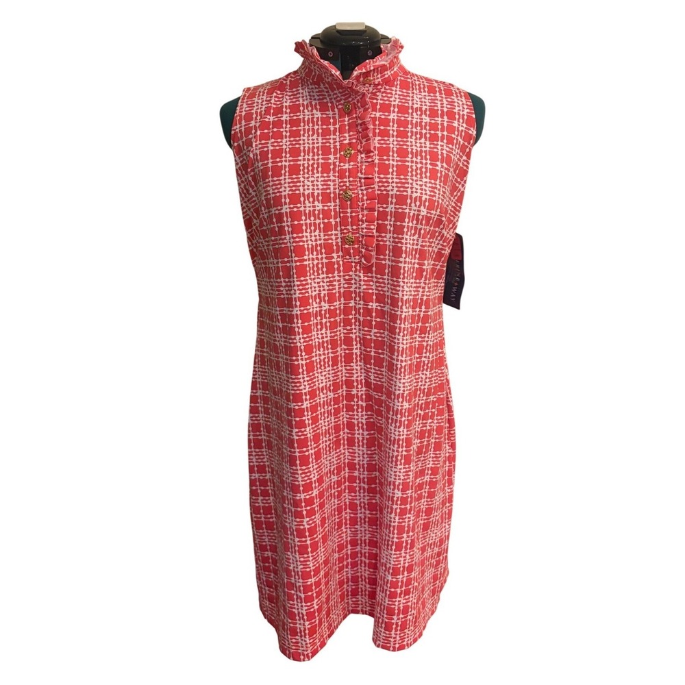 Katherine Way Dress‎ Womens L Red Ruffle Neck Sleeveless Shift Dress Golf USA